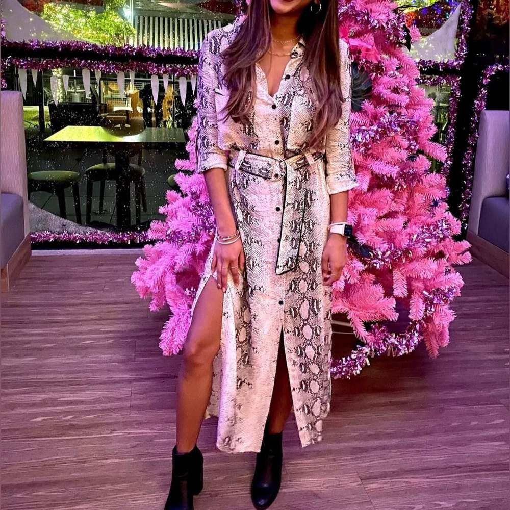 Fashion Nova Snake Print Midi Belted Dress XS